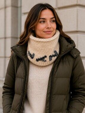 100% Wool and the Gang Chunky Knit‎ Cowl Neck Circle Scarf Cream Grey Handmade